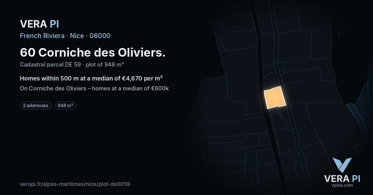 60 Corniche des Oliviers, Nice at night – the plot lit, the parcels around coloured by the prices near them