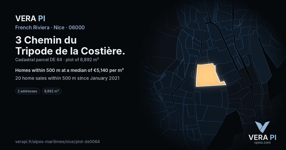3 Chemin du Tripode de la Costière, Nice at night – the plot lit, the parcels around coloured by the prices near them
