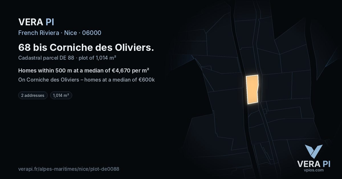 68 bis Corniche des Oliviers, Nice at night – the plot lit, the parcels around coloured by the prices near them