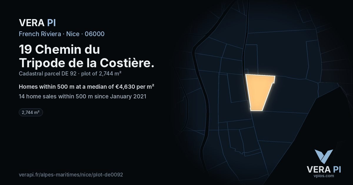 19 Chemin du Tripode de la Costière, Nice at night – the plot lit, the parcels around coloured by the prices near them