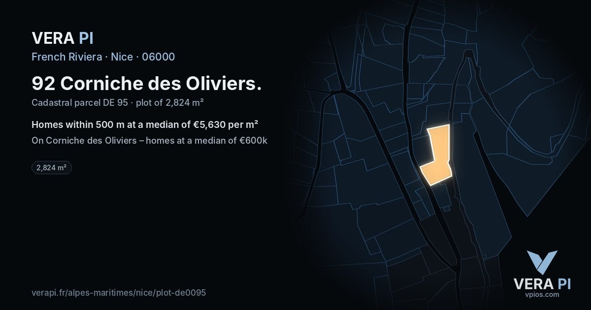 92 Corniche des Oliviers, Nice at night – the plot lit, the parcels around coloured by the prices near them