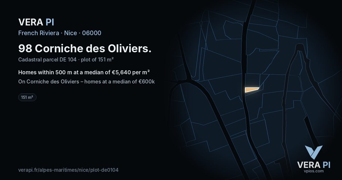 98 Corniche des Oliviers, Nice at night – the plot lit, the parcels around coloured by the prices near them