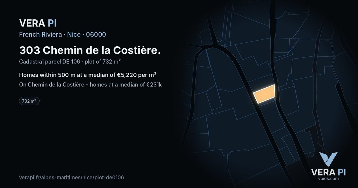 303 Chemin de la Costière, Nice at night – the plot lit, the parcels around coloured by the prices near them