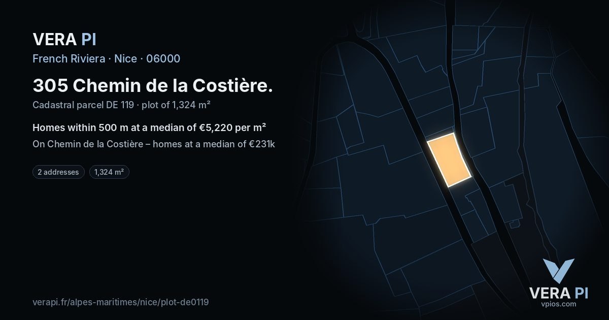 305 Chemin de la Costière, Nice at night – the plot lit, the parcels around coloured by the prices near them