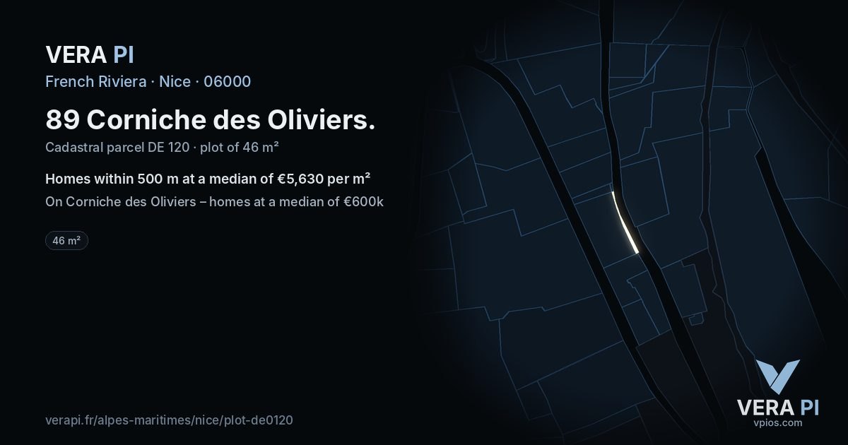 89 Corniche des Oliviers, Nice at night – the plot lit, the parcels around coloured by the prices near them