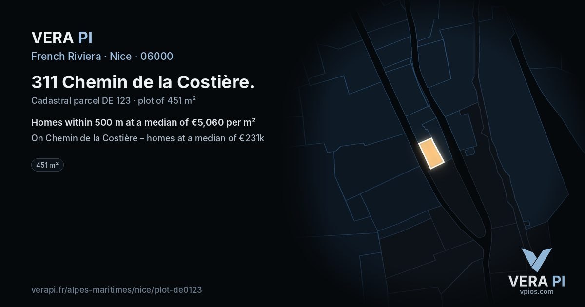 311 Chemin de la Costière, Nice at night – the plot lit, the parcels around coloured by the prices near them