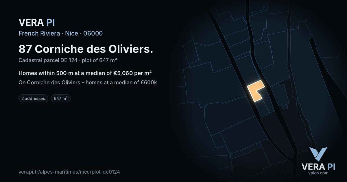 87 Corniche des Oliviers, Nice at night – the plot lit, the parcels around coloured by the prices near them