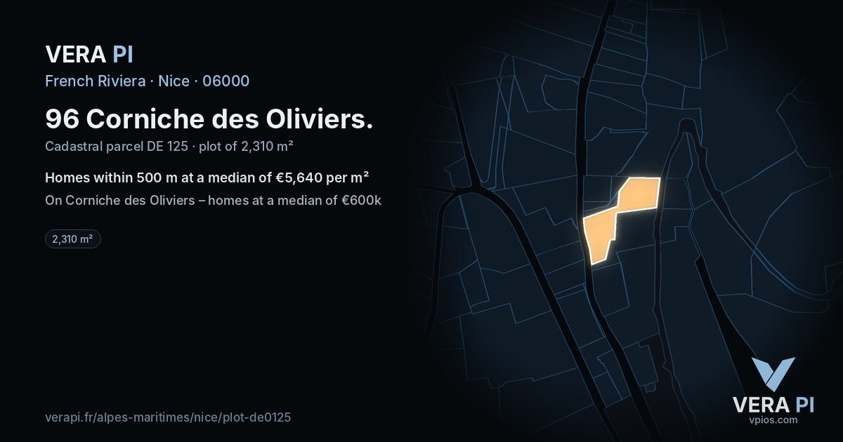 96 Corniche des Oliviers, Nice at night – the plot lit, the parcels around coloured by the prices near them