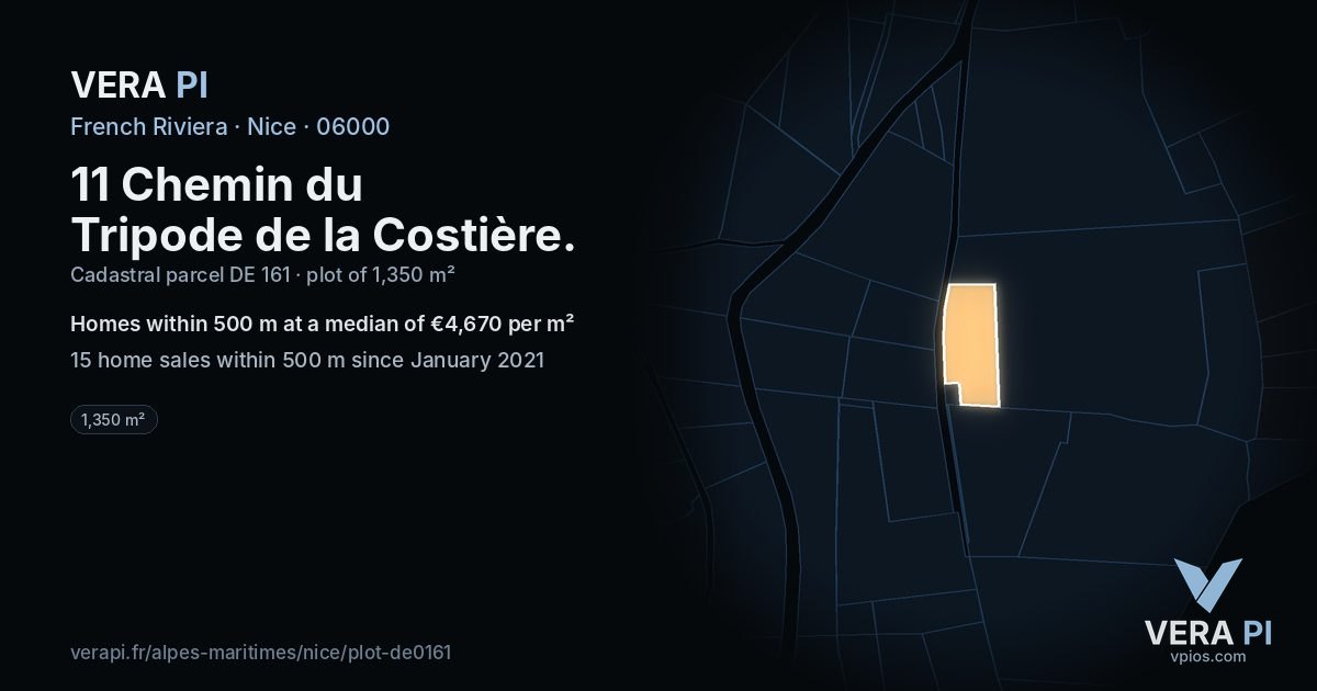 11 Chemin du Tripode de la Costière, Nice at night – the plot lit, the parcels around coloured by the prices near them
