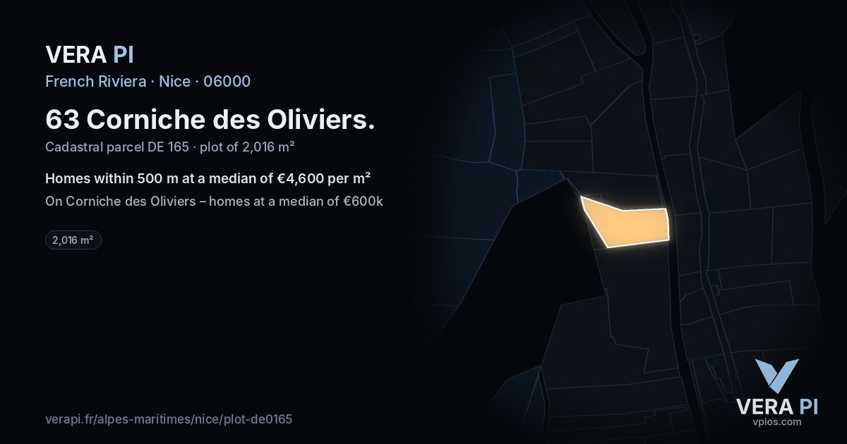 63 Corniche des Oliviers, Nice at night – the plot lit, the parcels around coloured by the prices near them