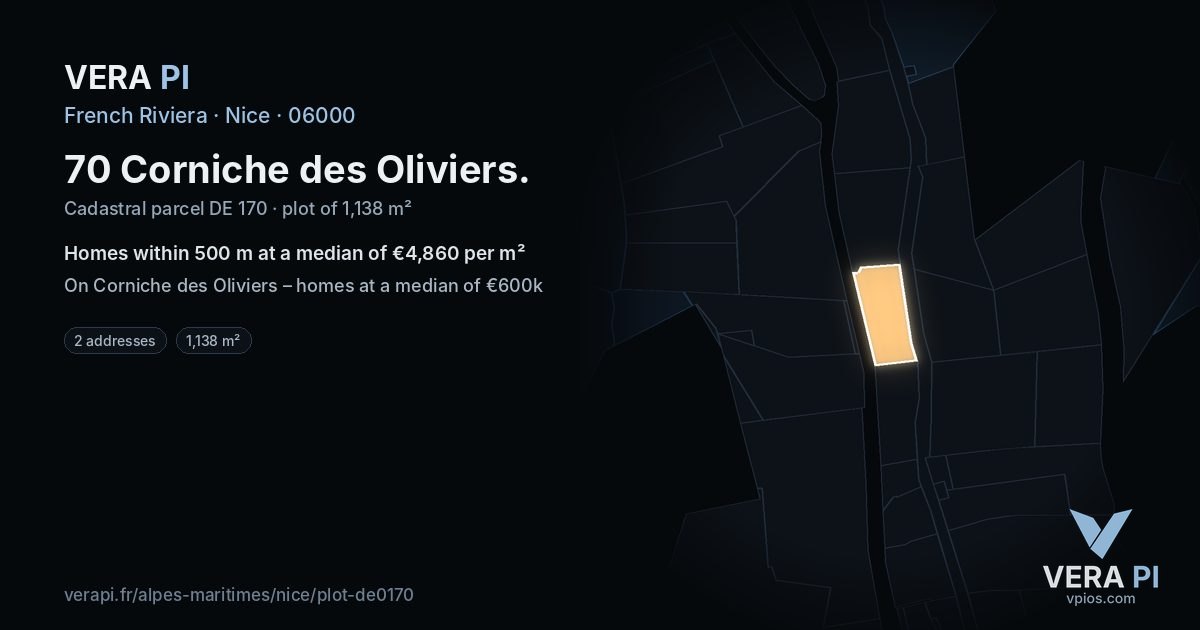 70 Corniche des Oliviers, Nice at night – the plot lit, the parcels around coloured by the prices near them