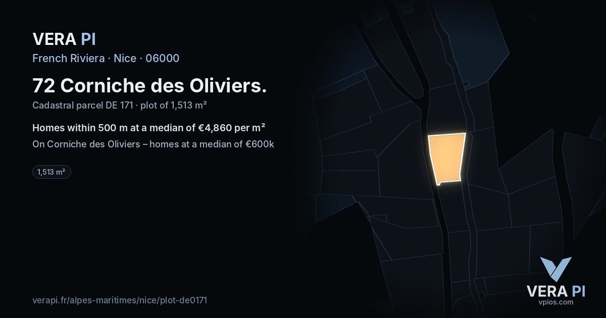 72 Corniche des Oliviers, Nice at night – the plot lit, the parcels around coloured by the prices near them