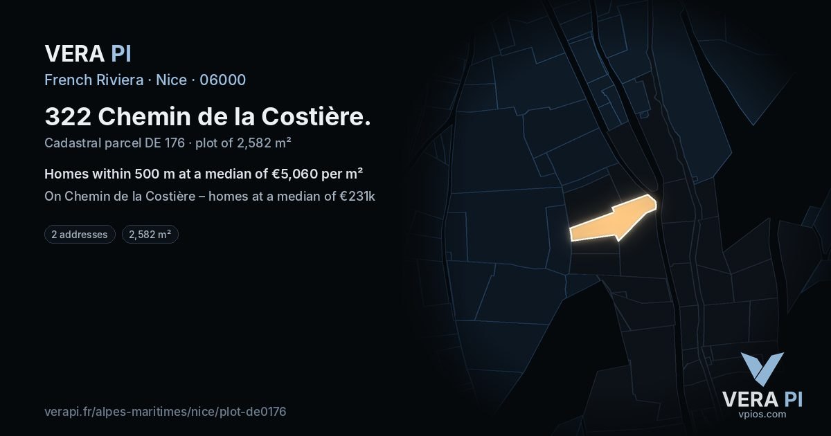322 Chemin de la Costière, Nice at night – the plot lit, the parcels around coloured by the prices near them