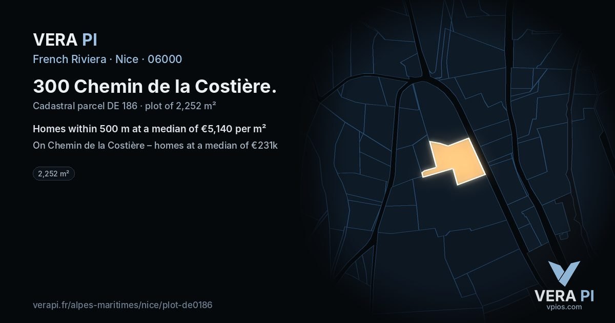 300 Chemin de la Costière, Nice at night – the plot lit, the parcels around coloured by the prices near them
