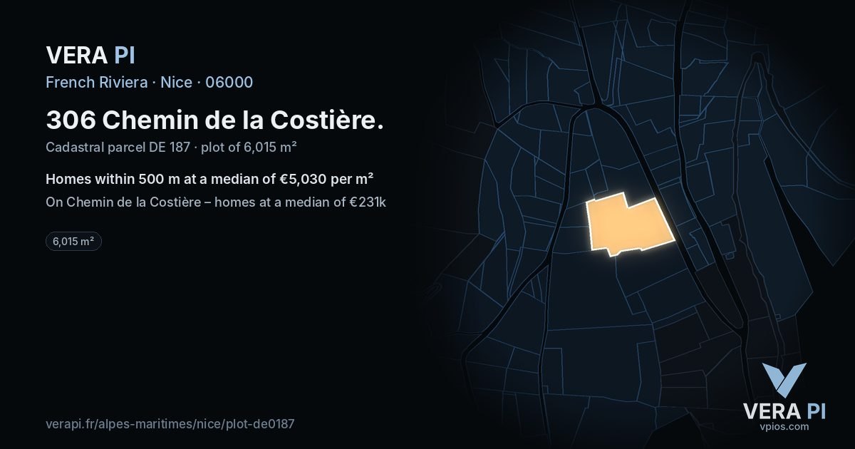 306 Chemin de la Costière, Nice at night – the plot lit, the parcels around coloured by the prices near them