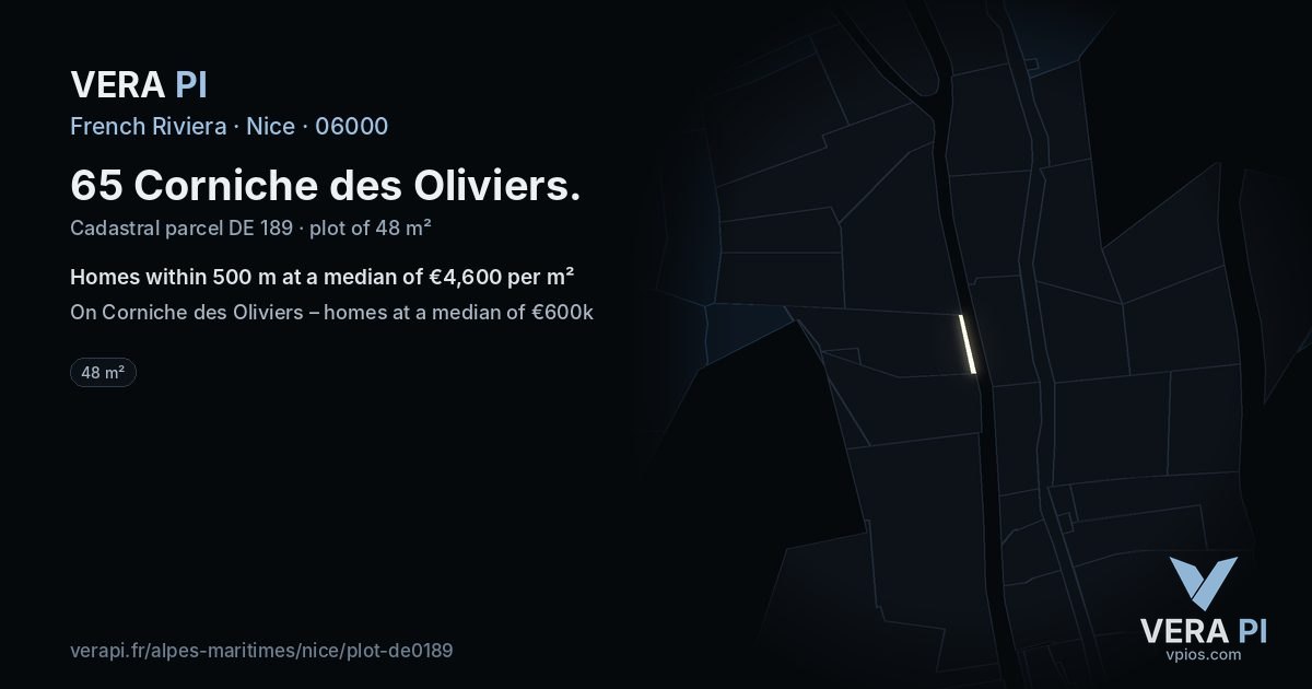 65 Corniche des Oliviers, Nice at night – the plot lit, the parcels around coloured by the prices near them