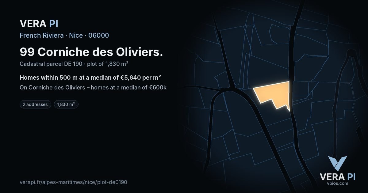 99 Corniche des Oliviers, Nice at night – the plot lit, the parcels around coloured by the prices near them