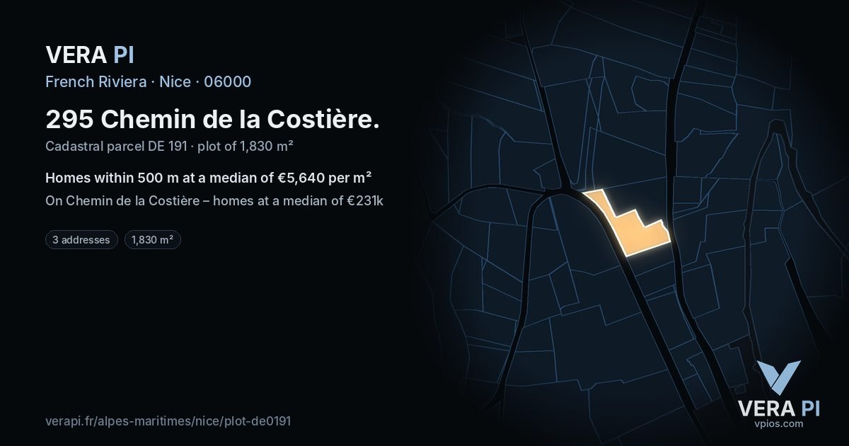 295 Chemin de la Costière, Nice at night – the plot lit, the parcels around coloured by the prices near them