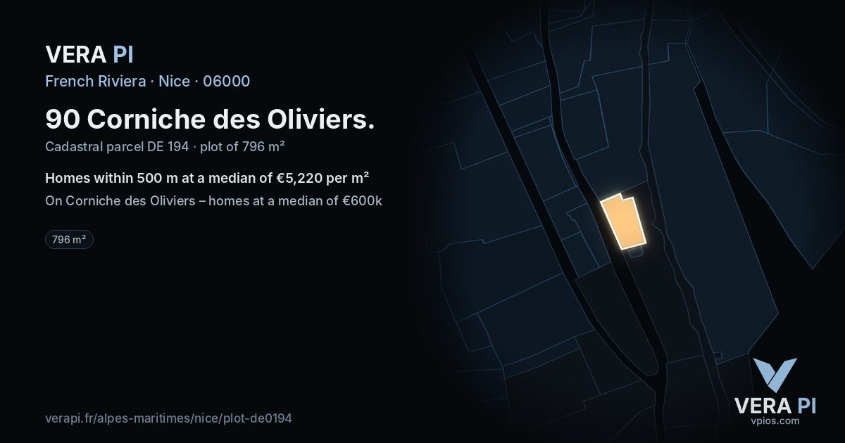 90 Corniche des Oliviers, Nice at night – the plot lit, the parcels around coloured by the prices near them