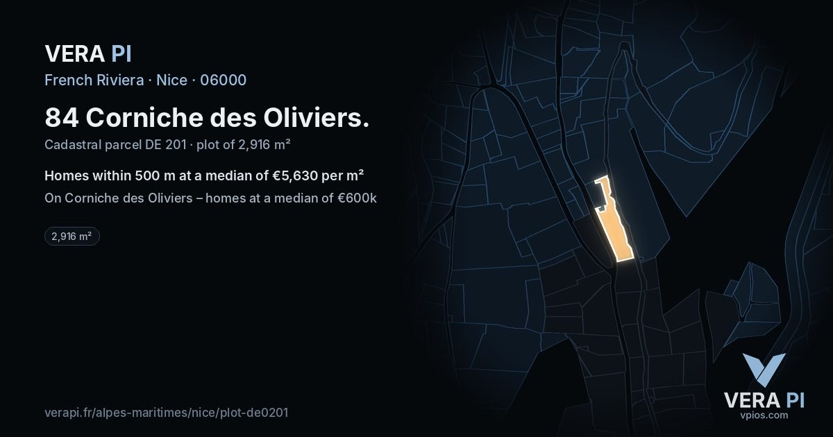84 Corniche des Oliviers, Nice at night – the plot lit, the parcels around coloured by the prices near them