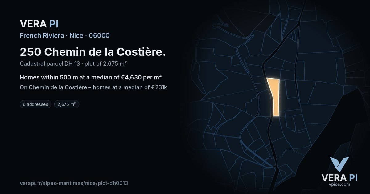 250 Chemin de la Costière, Nice at night – the plot lit, the parcels around coloured by the prices near them