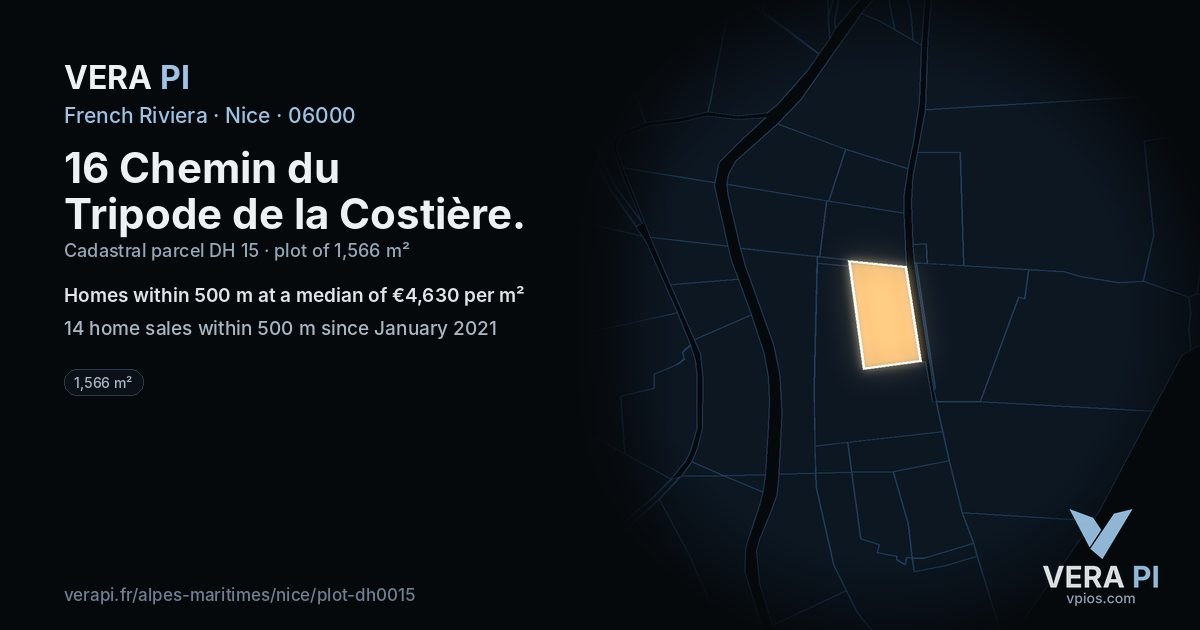 16 Chemin du Tripode de la Costière, Nice at night – the plot lit, the parcels around coloured by the prices near them