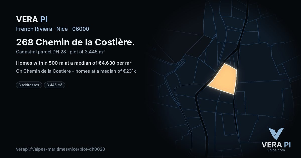 268 Chemin de la Costière, Nice at night – the plot lit, the parcels around coloured by the prices near them