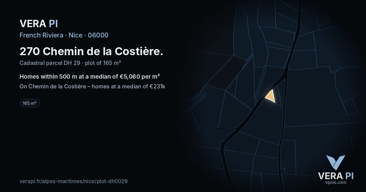 270 Chemin de la Costière, Nice at night – the plot lit, the parcels around coloured by the prices near them