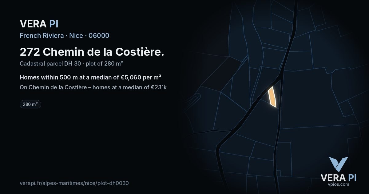 272 Chemin de la Costière, Nice at night – the plot lit, the parcels around coloured by the prices near them