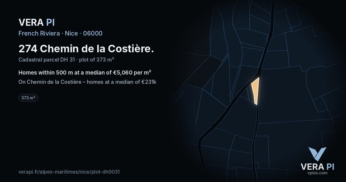 274 Chemin de la Costière, Nice at night – the plot lit, the parcels around coloured by the prices near them