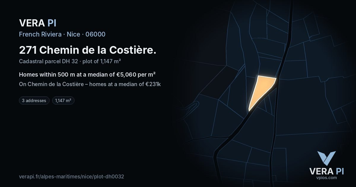 271 Chemin de la Costière, Nice at night – the plot lit, the parcels around coloured by the prices near them