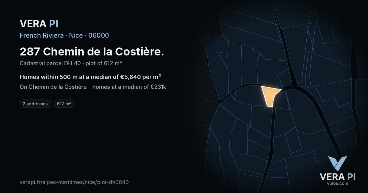 287 Chemin de la Costière, Nice at night – the plot lit, the parcels around coloured by the prices near them