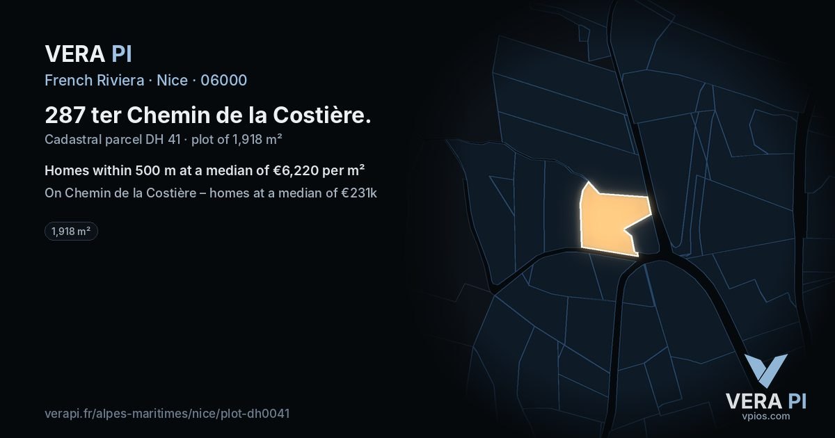 287 ter Chemin de la Costière, Nice at night – the plot lit, the parcels around coloured by the prices near them