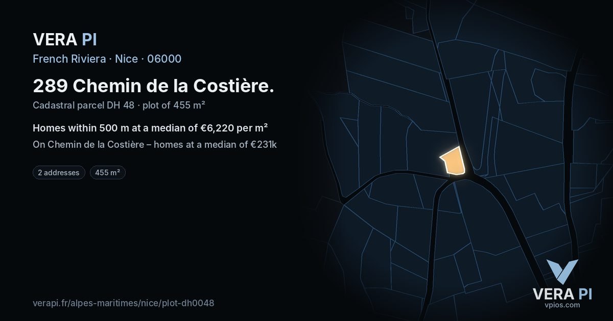 289 Chemin de la Costière, Nice at night – the plot lit, the parcels around coloured by the prices near them