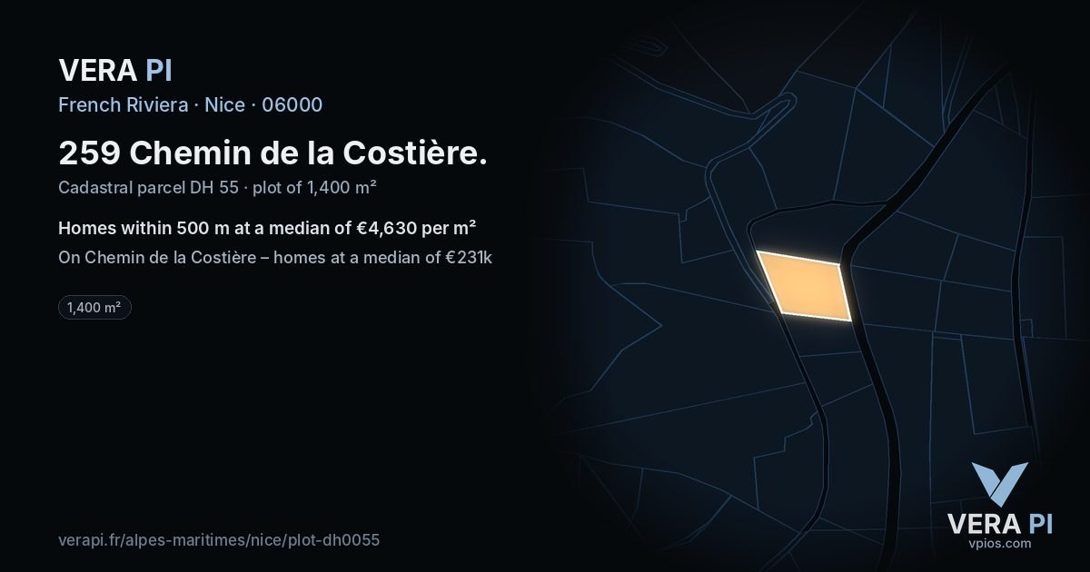 259 Chemin de la Costière, Nice at night – the plot lit, the parcels around coloured by the prices near them