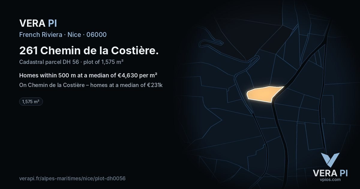 261 Chemin de la Costière, Nice at night – the plot lit, the parcels around coloured by the prices near them