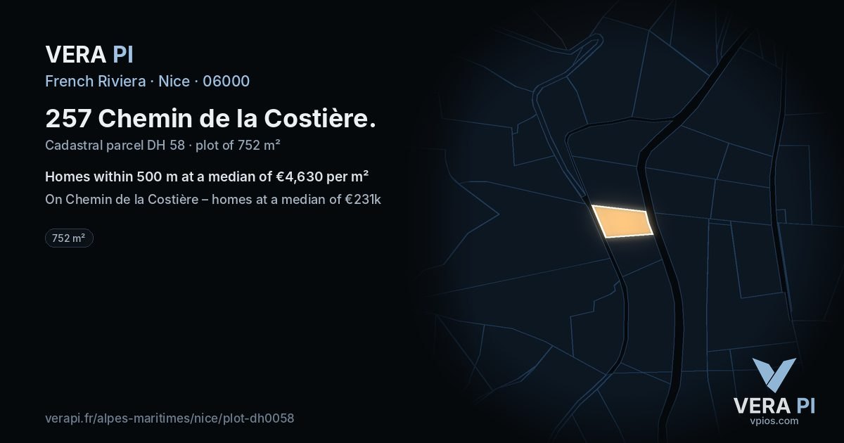 257 Chemin de la Costière, Nice at night – the plot lit, the parcels around coloured by the prices near them