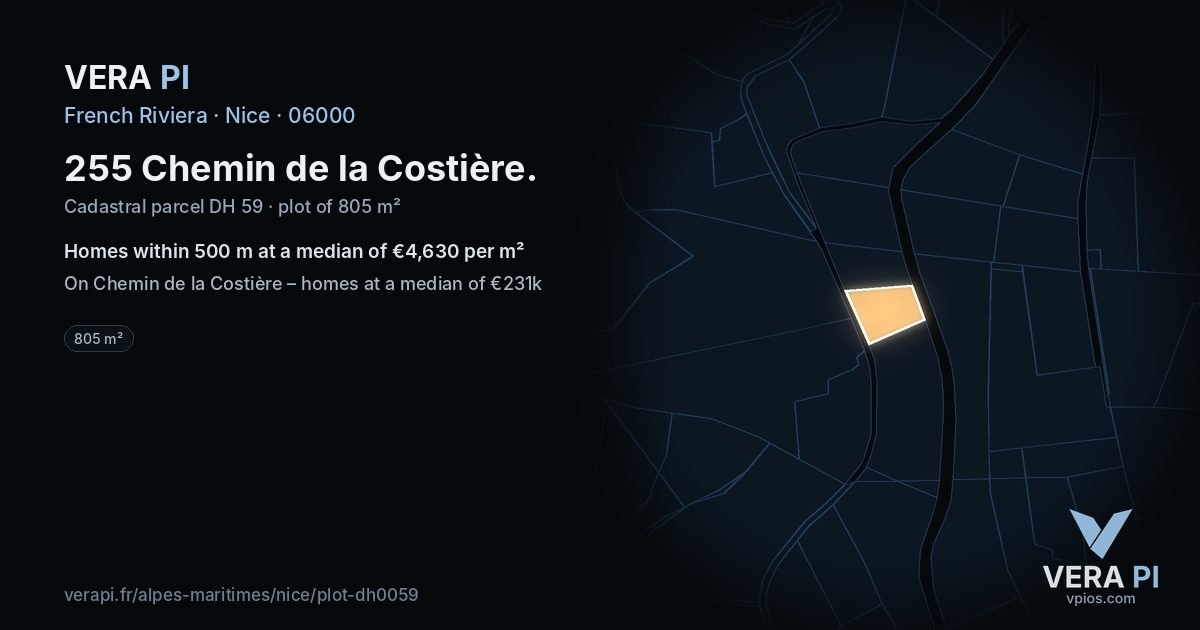 255 Chemin de la Costière, Nice at night – the plot lit, the parcels around coloured by the prices near them