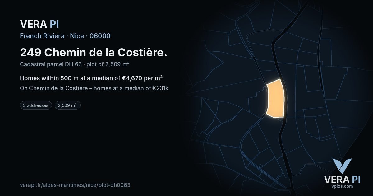 249 Chemin de la Costière, Nice at night – the plot lit, the parcels around coloured by the prices near them