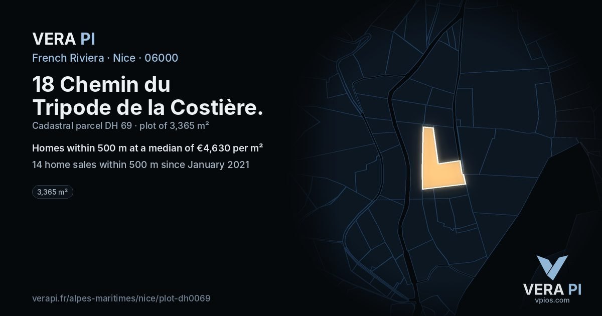 18 Chemin du Tripode de la Costière, Nice at night – the plot lit, the parcels around coloured by the prices near them