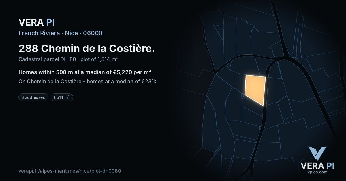 288 Chemin de la Costière, Nice at night – the plot lit, the parcels around coloured by the prices near them