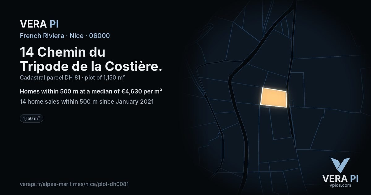 14 Chemin du Tripode de la Costière, Nice at night – the plot lit, the parcels around coloured by the prices near them