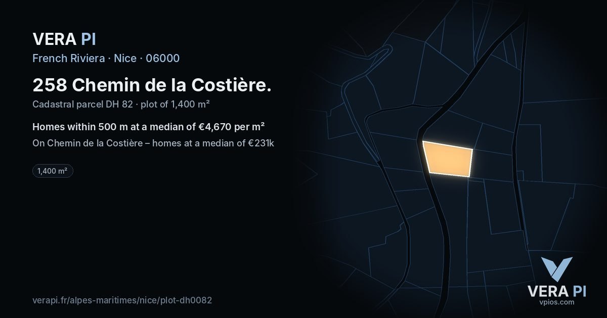 258 Chemin de la Costière, Nice at night – the plot lit, the parcels around coloured by the prices near them