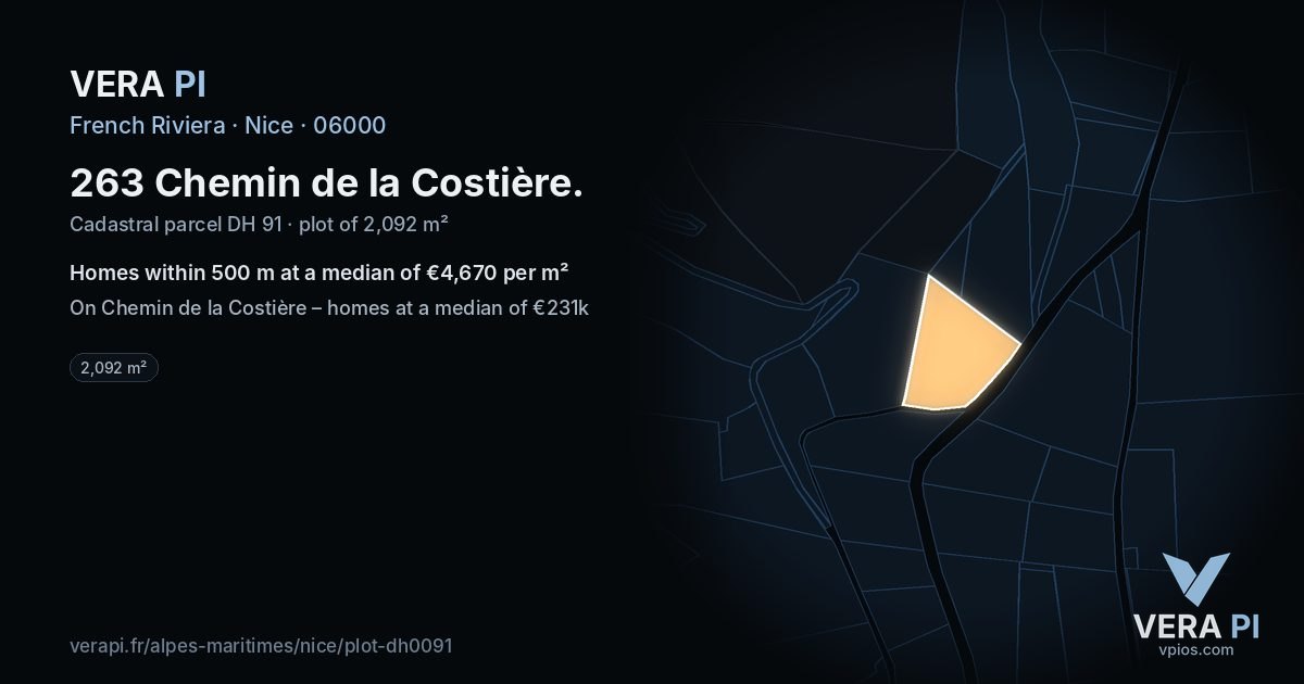 263 Chemin de la Costière, Nice at night – the plot lit, the parcels around coloured by the prices near them