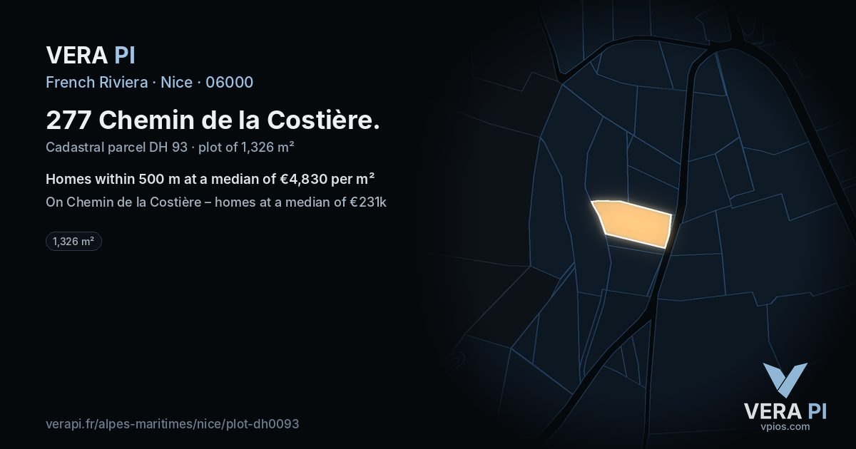 277 Chemin de la Costière, Nice at night – the plot lit, the parcels around coloured by the prices near them