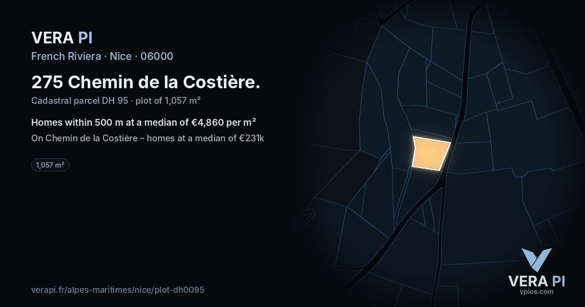 275 Chemin de la Costière, Nice at night – the plot lit, the parcels around coloured by the prices near them