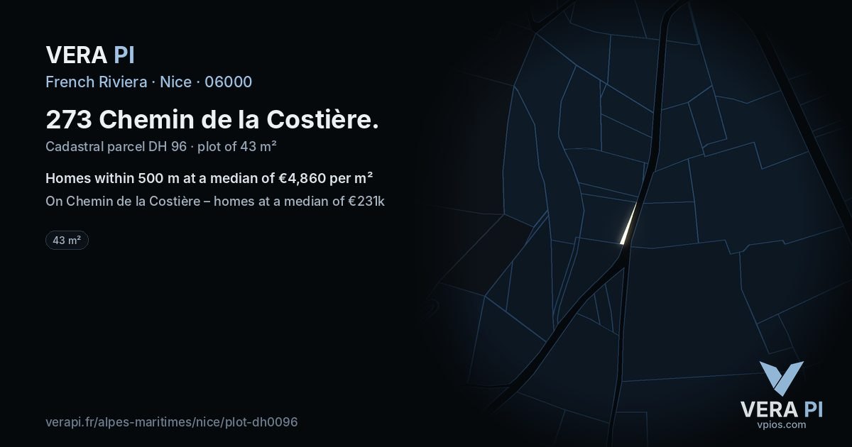 273 Chemin de la Costière, Nice at night – the plot lit, the parcels around coloured by the prices near them