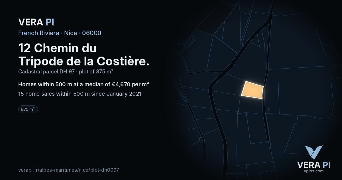 12 Chemin du Tripode de la Costière, Nice at night – the plot lit, the parcels around coloured by the prices near them