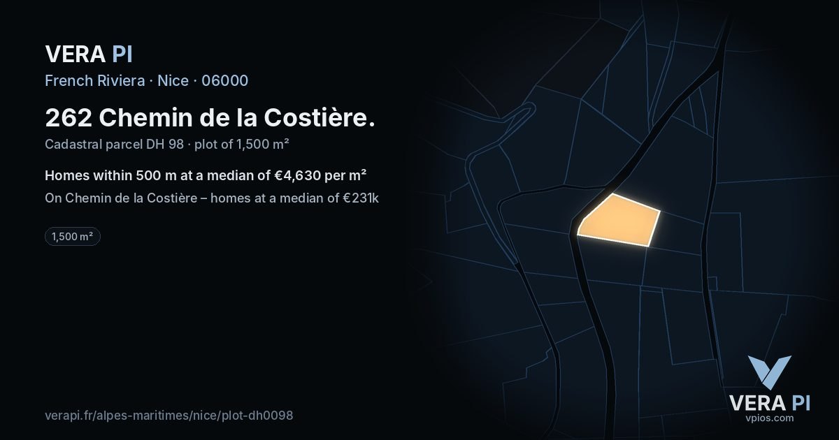 262 Chemin de la Costière, Nice at night – the plot lit, the parcels around coloured by the prices near them