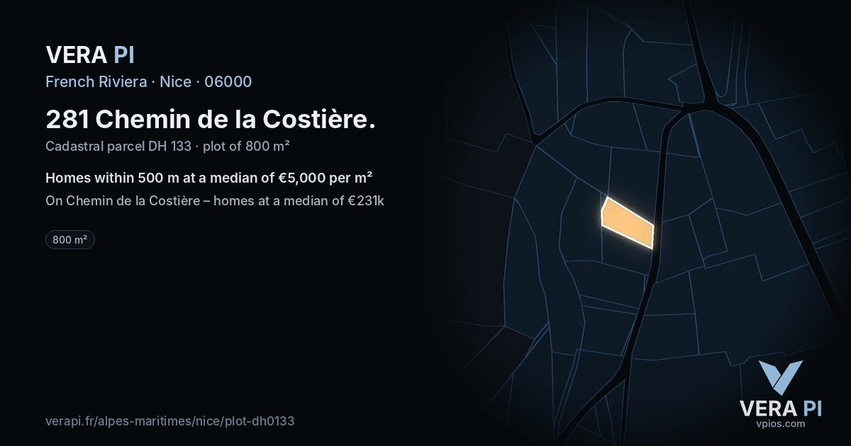 281 Chemin de la Costière, Nice at night – the plot lit, the parcels around coloured by the prices near them